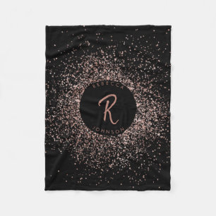 Rose Pink Gold & Black Glitter Frame Monogram Fleece Blanket