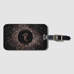 Rose Pink Gold & Black Glitter Frame Monogram Luggage Tag