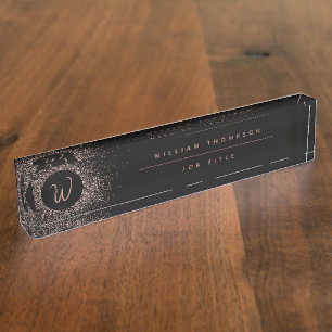 Rose Pink Gold & Black Glitter Frame Monogram Nameplate