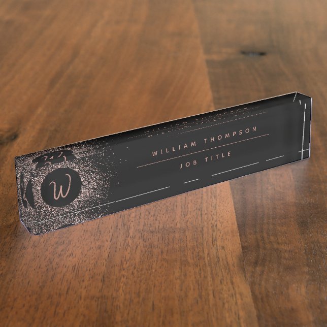 Rose Pink Gold & Black Glitter Frame Monogram Nameplate (Side)