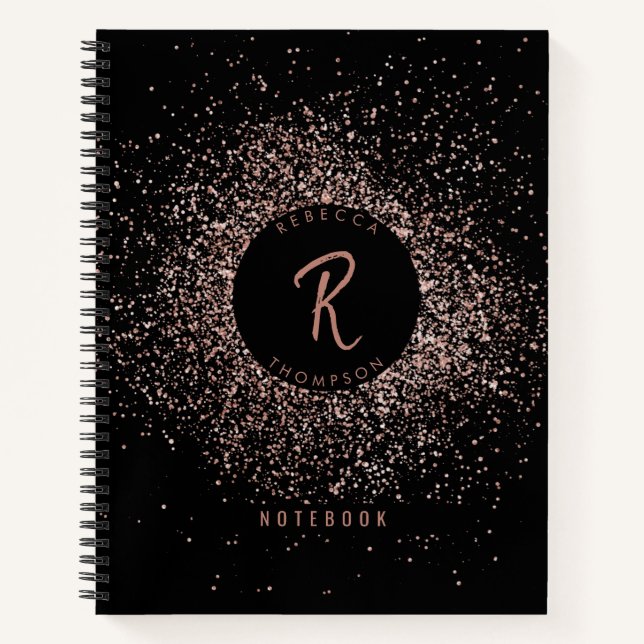 Rose Pink Gold & Black Glitter Frame Monogram Notebook (Front)