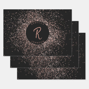 Rose Pink Gold & Black Glitter Frame Monogram Wrapping Paper Sheet