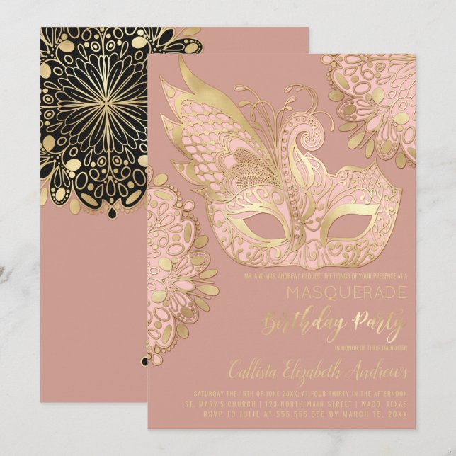 Rose Pink Gold Black Masquerade Mask Birthday Invitation (Front/Back)
