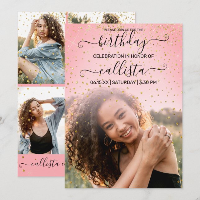 Rose Pink Gold Confetti Photo Collage Birthday Invitation (Front/Back)