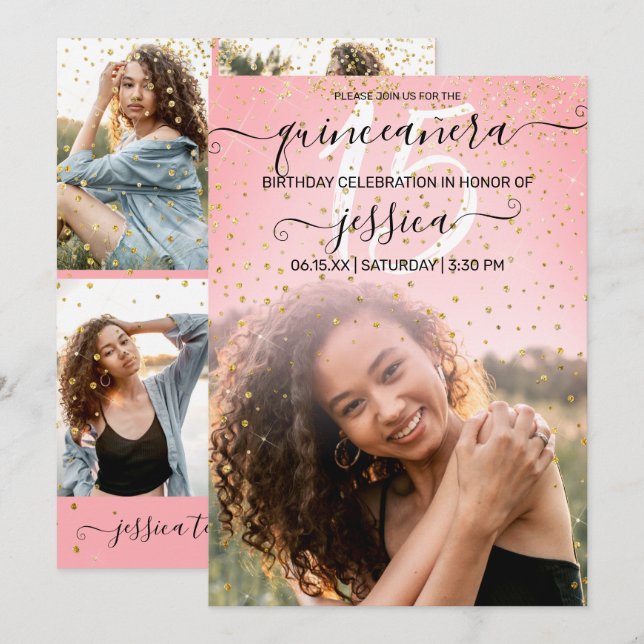Rose Pink Gold Confetti Photo Collage Quinceañera Invitation (Front/Back)