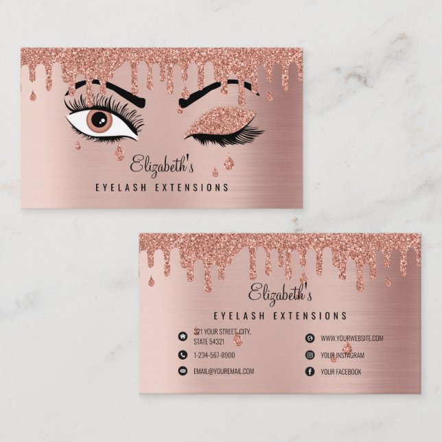 Rose Pink Gold Eyelashes Dripping Glitter Business Card (Front/Back)