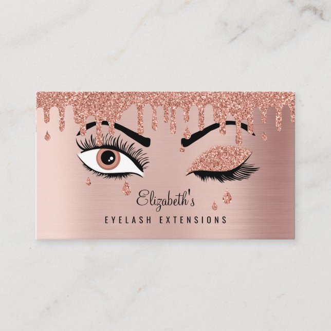 Rose Pink Gold Eyelashes Dripping Glitter Business Card (Front)