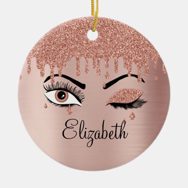 Rose Pink Gold Eyelashes Dripping Glitter Ceramic Tree Decoration (Front)