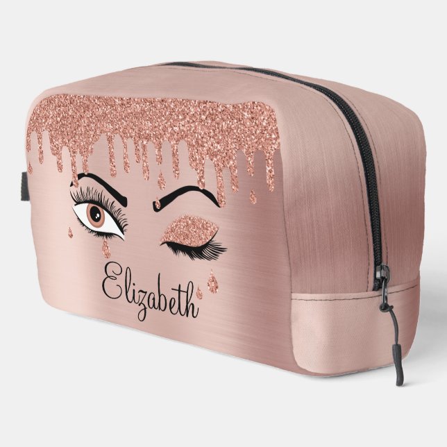 Rose Pink Gold Eyelashes Dripping Glitter Dopp Kit (Right Corner)