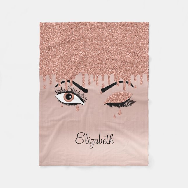 Rose Pink Gold Eyelashes Dripping Glitter Fleece Blanket (Front)
