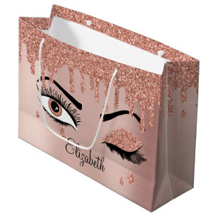 Rose Pink Gold Eyelashes Dripping Glitter Large Gift Bag
