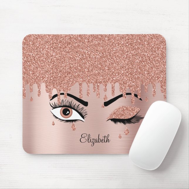 Rose Pink Gold Eyelashes Dripping Glitter  Mouse Mat (With Mouse)