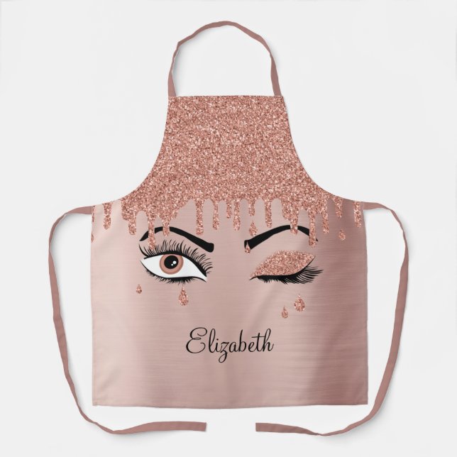 Rose Pink Gold Eyelashes Dripping Glitter Name Apron (Front)