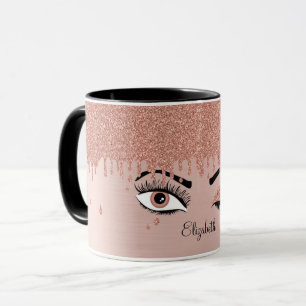 Rose Pink Gold Eyelashes Dripping Glitter Name Mug