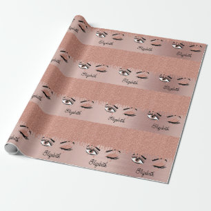 Rose Pink Gold Eyelashes Dripping Glitter Name  Wrapping Paper