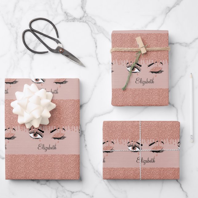 Rose Pink Gold Eyelashes Dripping Glitter Name Wrapping Paper Sheet (Front)