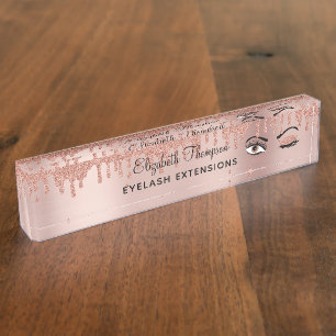 Rose Pink Gold Eyelashes Dripping Glitter  Nameplate