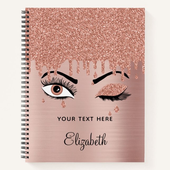 Rose Pink Gold Eyelashes Dripping Glitter Notebook (Front)