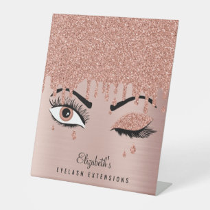 Rose Pink Gold Eyelashes Dripping Glitter Pedestal Sign