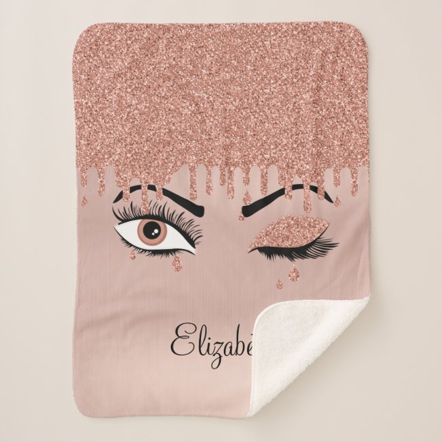 Rose Pink Gold Eyelashes Dripping Glitter  Sherpa Blanket (Front)