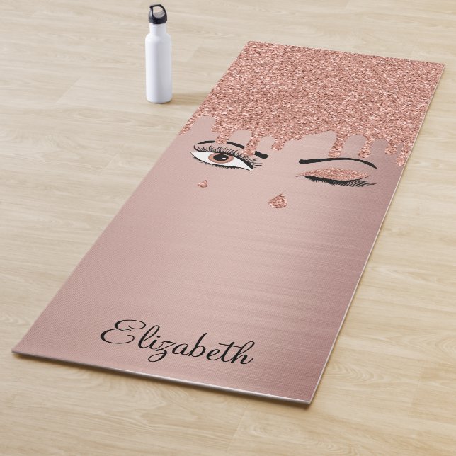 Rose Pink Gold Eyelashes Dripping Glitter Yoga Mat (In Situ)