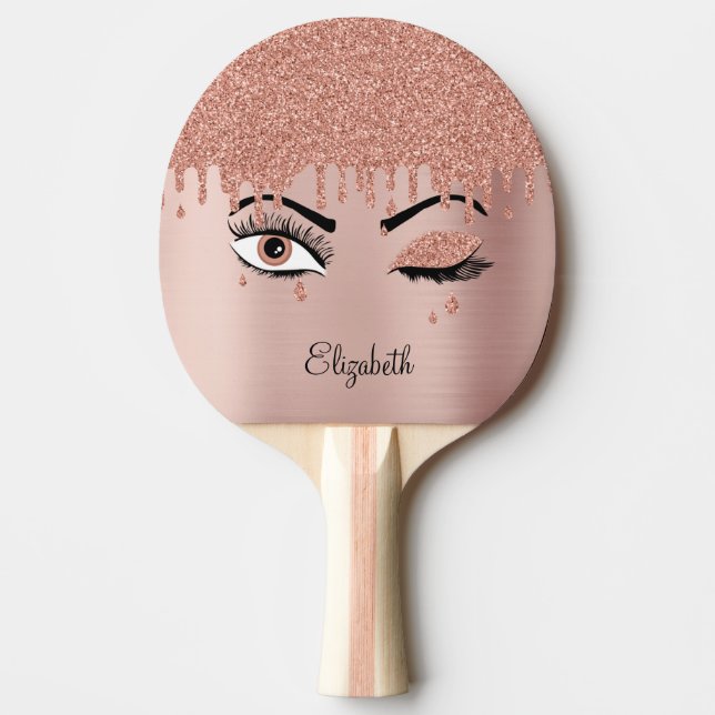 Rose Pink Gold Eyelashes Glitter Table Tennis Ping Pong Paddle (Front)