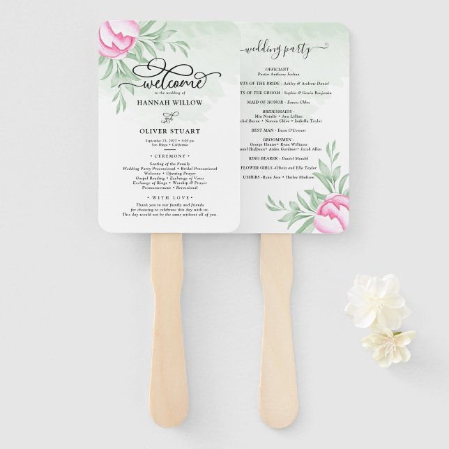 Rose Pink Gold Floral Greenery Wedding Program  Hand Fan (Front and Back)