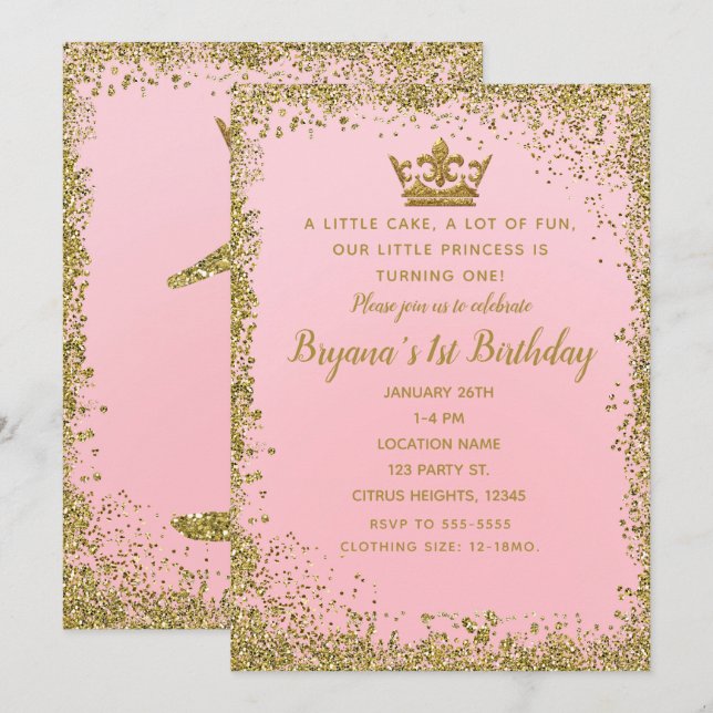 Rose Pink & Gold Glitter Crown 1ST Birthday Party Invitation (Front/Back)