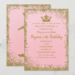 Rose Pink & Gold Glitter Crown 1ST Birthday Party Invitation