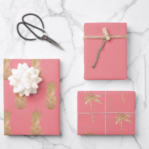 Rose Pink Gold Glitzy Pineapple Wrapping Paper Sheet
