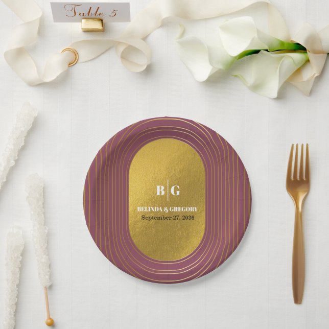 Rose Pink & Gold Modern Minimalist Arch Wedding  Paper Plate (Wedding)