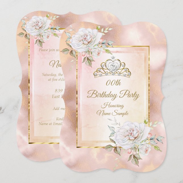 Rose Pink Gold Princess Birthday Party Invite 2 (Front/Back)