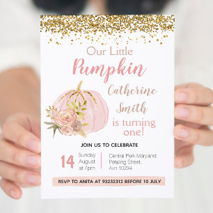 Rose Pink Gold Pumpkin 1st Birthday Invitation