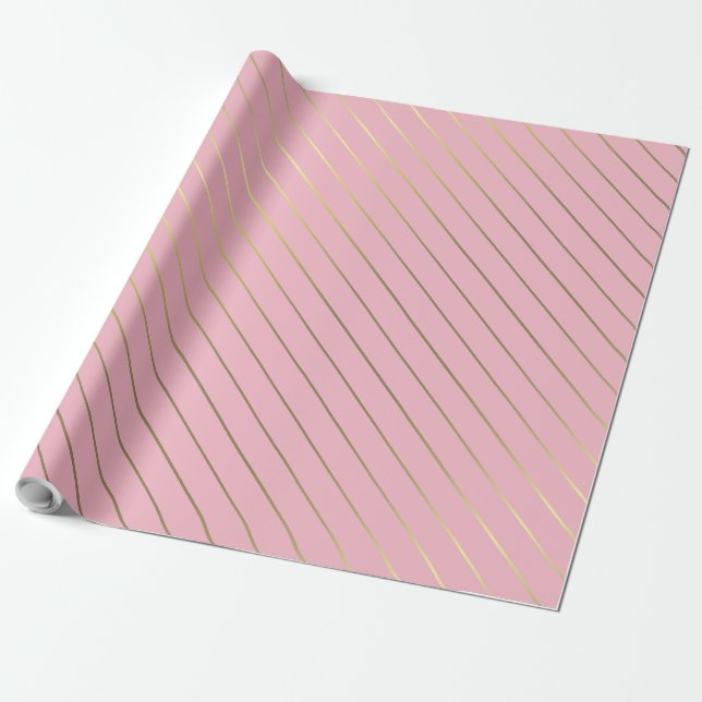 Rose Pink Gold Striped Glam Shiny Design Stylish Wrapping Paper (Unrolled)