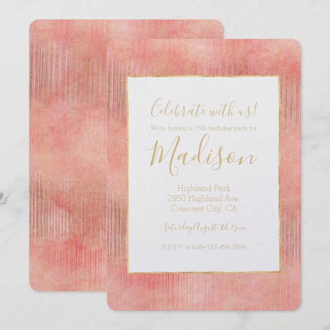 Rose Pink Gold Stripes Invitation (Front/Back)