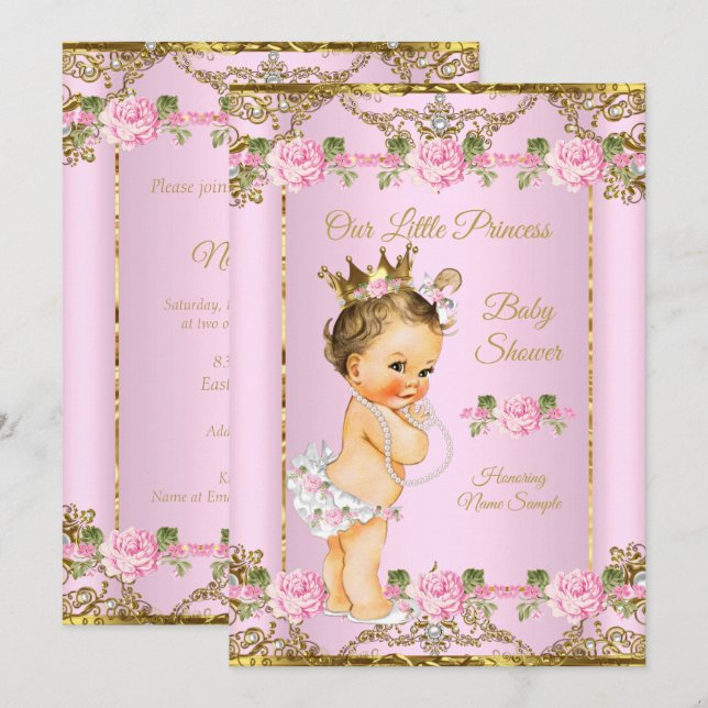 Rose Pink Gold White Princess Baby Shower Brunette Invitation (Front/Back)