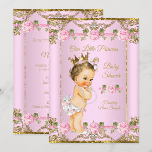 Rose Pink Gold White Princess Baby Shower Brunette Invitation