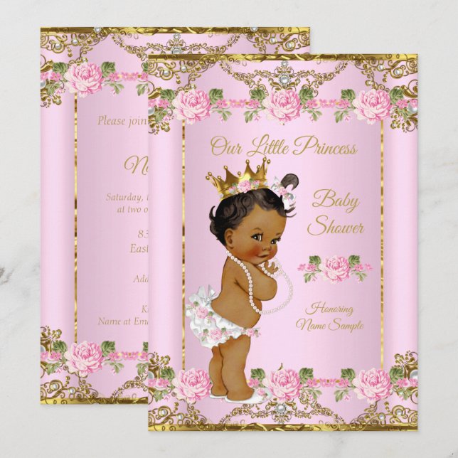 Rose Pink Gold White Princess Baby Shower Ethnic Invitation (Front/Back)