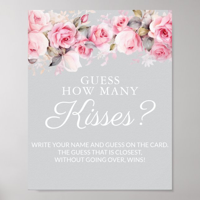 Rose Pink Gray Bridal Shower Guess Kisses Game Poster (Front)