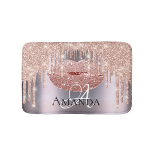 Rose Pink Gray Glitter Name Monogram Makeup Bath Mat