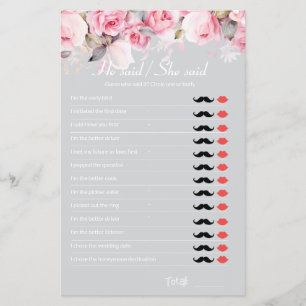 Rose Pink Grey Bridal Shower Game He Said She Said