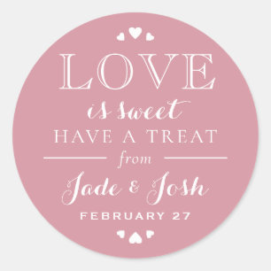 Rose Pink Hearts Love is Sweet Wedding Favour Classic Round Sticker