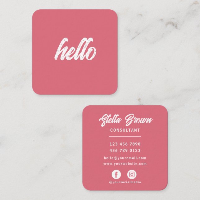 Rose Pink Hello Chic Bold Text Square Business Card (Front/Back)