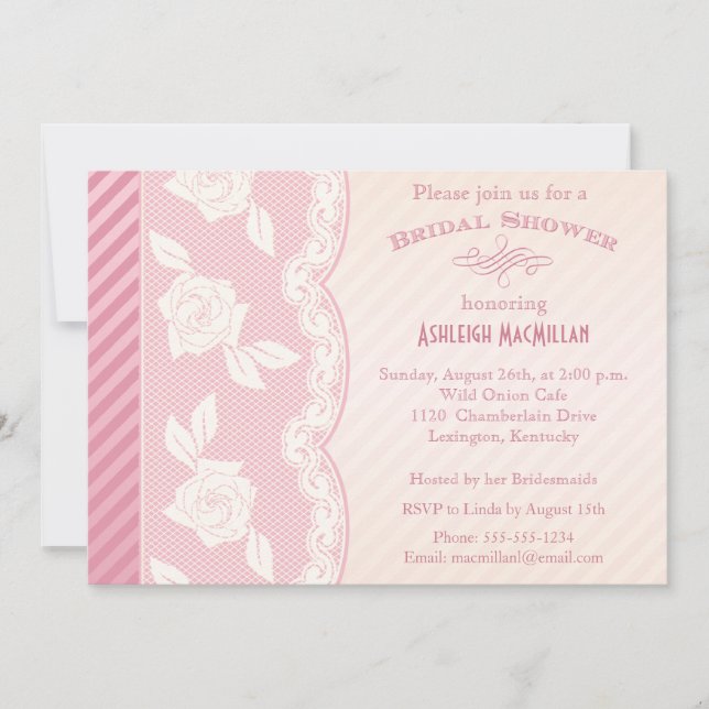 Rose Pink, Ivory Floral Lace Bridal Shower Invite (Front)