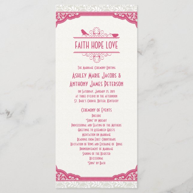 Rose Pink Ivory Lace Birds Wedding Program Programme (Front)