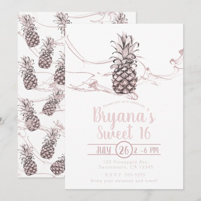 Rose Pink Juicy Pineapple Summer Sweet 16 Party Invitation (Front/Back)