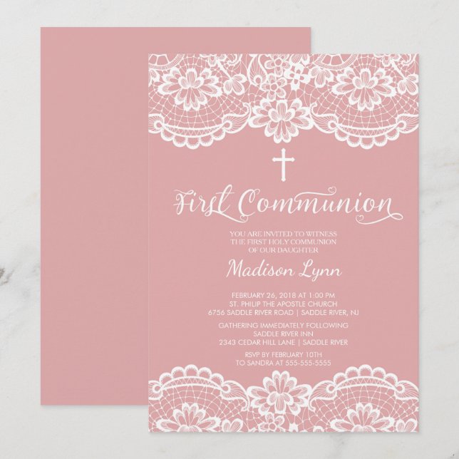 Rose Pink Lace First Holy Communion Invitation (Front/Back)
