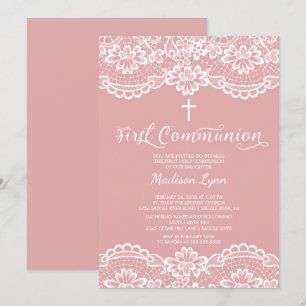 Rose Pink Lace First Holy Communion Invitation
