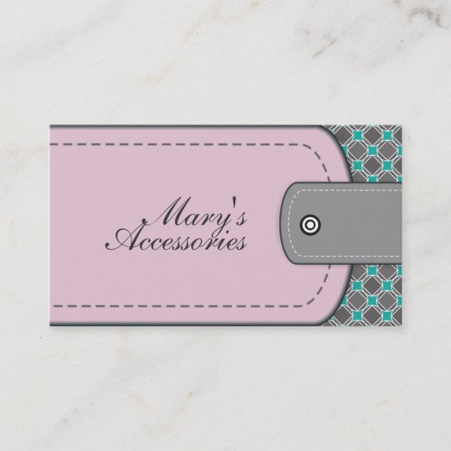 Rose pink leather look and pattern grey, teal business card (Front)