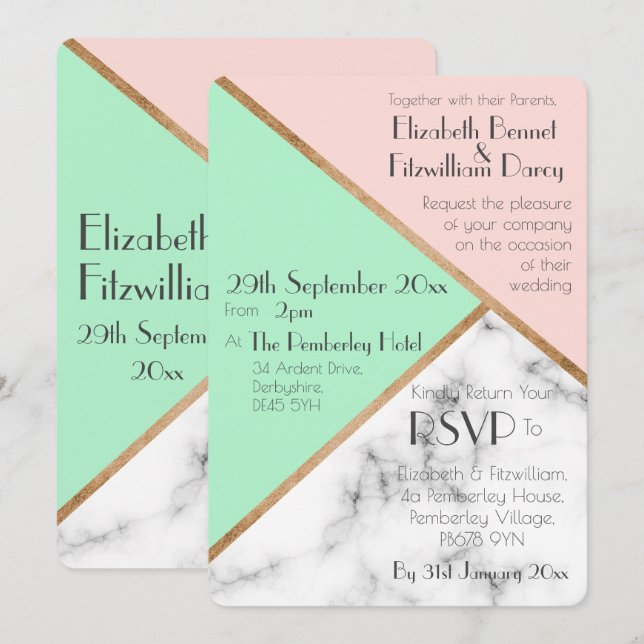 Rose Pink & Mint Green Wedding Invitation (Front/Back)